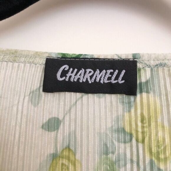 Y2K Satin Micro Pleated Top Size XL Green Floral V Neck Vintage - Picture 4 of 6